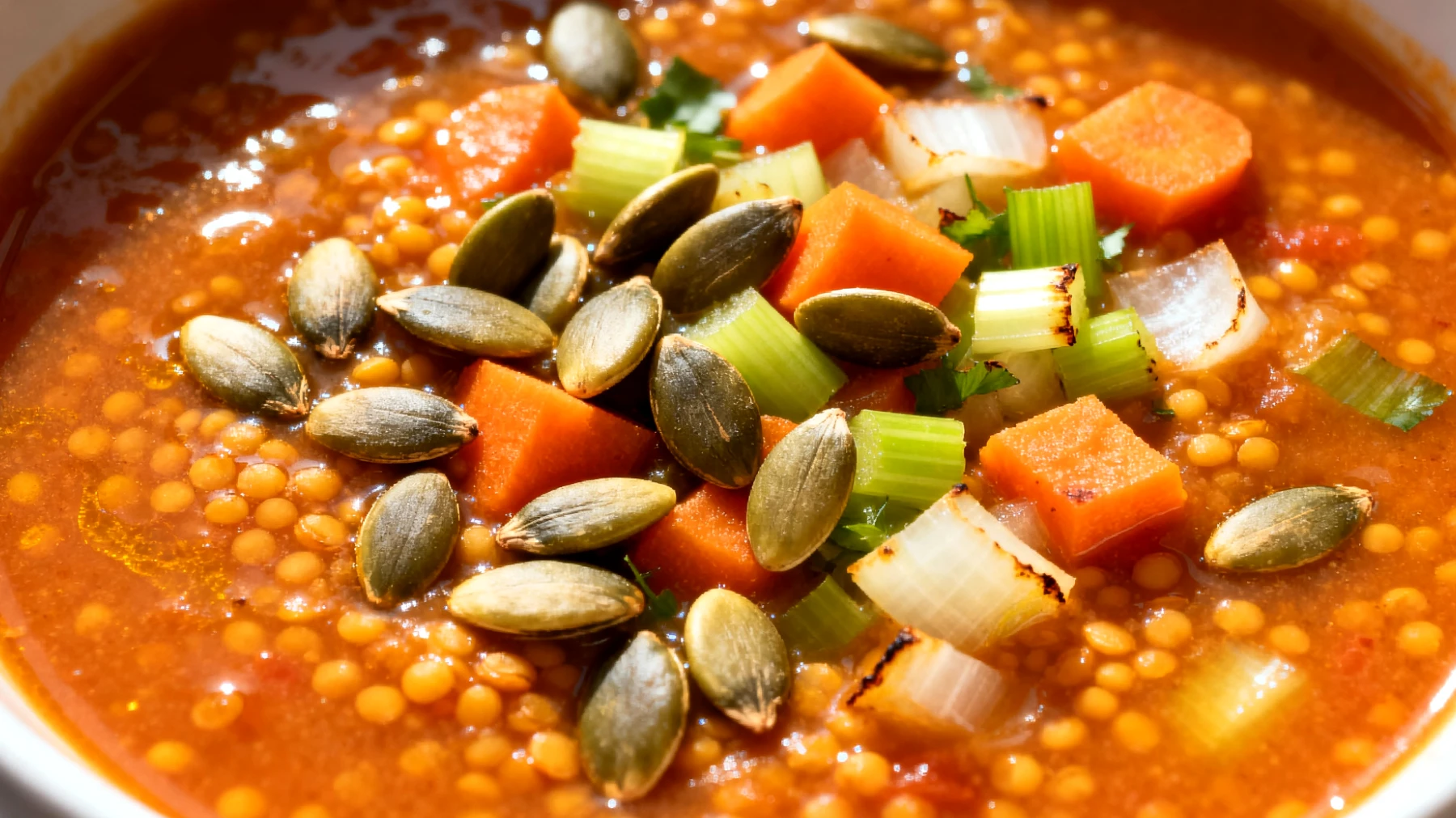 Zuppa di lenticchie rosse con verdure e semi di zucca"
